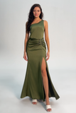 Olive One Shoulder Mermaid Satin Bridesmaid Dress with Slit