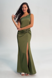 Olive One Shoulder Mermaid Satin Bridesmaid Dress with Slit