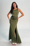 Olive One Shoulder Mermaid Satin Bridesmaid Dress with Slit