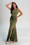 Olive One Shoulder Mermaid Satin Bridesmaid Dress with Slit