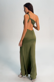 Olive One Shoulder Mermaid Satin Bridesmaid Dress with Slit