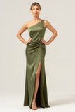 Olive One Shoulder Mermaid Satin Backless Bridesmaid Dress