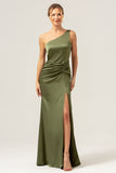 Olive One Shoulder Mermaid Satin Backless Bridesmaid Dress