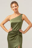 Olive One Shoulder Mermaid Satin Backless Bridesmaid Dress