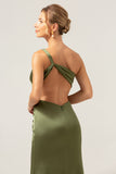 Olive One Shoulder Mermaid Satin Backless Bridesmaid Dress