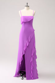 Tahiti Ruffle Spaghetti Straps Chiffon Long Bridesmaid Dress with Slit