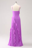 Tahiti Spaghetti Straps Ruffled Sheath Bridesmaid Dress with Slit