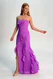 Tahiti Ruffle Spaghetti Straps Chiffon Long Bridesmaid Dress with Slit