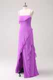 Tahiti Ruffle Spaghetti Straps Chiffon Long Bridesmaid Dress with Slit