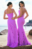 Tahiti Spaghetti Straps Sheath Chiffon Bridesmaid Dress with Ruffles