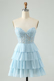 Light Blue A Line Sweetheart Tiered Short Prom Dress with Appliques