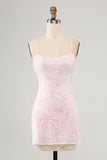 Sparkly Pink Spaghetti Straps Tight Prom Dress with Sequins