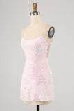 Sparkly Pink Spaghetti Straps Tight Prom Dress with Sequins