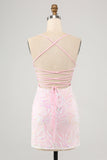 Sparkly Pink Spaghetti Straps Tight Prom Dress with Sequins