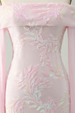 Sparkly Pink Bodycon Off The Shoulder Sequin Prom Dress with Long Sleeves