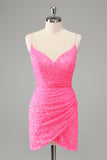 Glitter Hot Pink Bodycon Spaghetti Straps Sequins Short Prom Dress