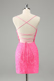 Glitter Hot Pink Bodycon Spaghetti Straps Sequins Short Prom Dress