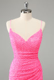 Glitter Hot Pink Bodycon Spaghetti Straps Sequins Short Prom Dress