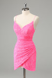 Glitter Hot Pink Bodycon Spaghetti Straps Sequins Short Prom Dress