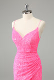 Glitter Hot Pink Bodycon Spaghetti Straps Sequins Short Prom Dress