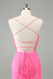 Glitter Hot Pink Bodycon Spaghetti Straps Sequins Short Prom Dress