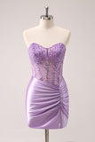 Lilac Strapless Sequins Corset Ruched Tight Prom Dress