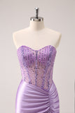 Lilac Strapless Sequins Corset Ruched Tight Prom Dress