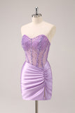 Lilac Strapless Sequins Corset Ruched Tight Prom Dress