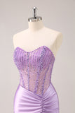 Lilac Strapless Sequins Corset Ruched Tight Prom Dress