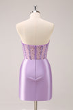 Lilac Strapless Sequins Corset Ruched Tight Prom Dress