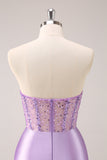 Lilac Strapless Sequins Corset Ruched Tight Prom Dress