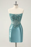 Glitter Peacock Bodycon Strapless Corset Appliques Prom Dress