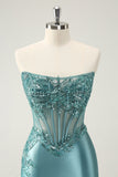 Glitter Peacock Bodycon Strapless Corset Appliques Prom Dress