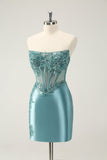 Glitter Peacock Bodycon Strapless Corset Appliques Prom Dress