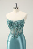 Glitter Peacock Bodycon Strapless Corset Appliques Prom Dress