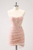 Blush Bodycon Strapless Hollow Out Sequins Ruched Prom Dress with Tassel