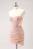 Blush Bodycon Strapless Hollow Out Sequins Ruched Prom Dress with Tassel