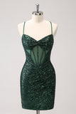 Dark Green Bodycon Spaghetti Straps Corset Short Prom Dress with Sequins