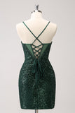 Dark Green Bodycon Spaghetti Straps Corset Short Prom Dress with Sequins