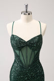 Dark Green Bodycon Spaghetti Straps Corset Short Prom Dress with Sequins