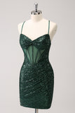 Dark Green Bodycon Spaghetti Straps Corset Short Prom Dress with Sequins