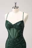 Dark Green Bodycon Spaghetti Straps Corset Short Prom Dress with Sequins