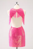 Sparkly Fuchsia V-Neck Backless Tight Prom Dress with Tassel