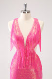 Sparkly Fuchsia V-Neck Backless Tight Prom Dress with Tassel