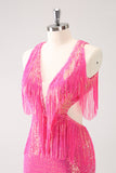 Sparkly Fuchsia V-Neck Backless Tight Prom Dress with Tassel