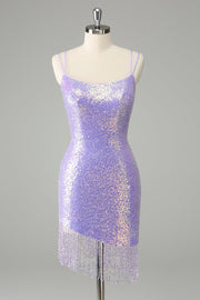 Sparkly Lilac Bodycon Sequins Short Prom Dress with Tassels