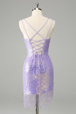 Sparkly Lilac Bodycon Sequins Lace Up Back Short Prom Dress with Tassels