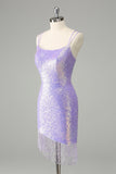 Sparkly Lilac Bodycon Sequins Short Prom Dress with Tassels