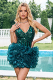 Dark Green V Neck Sequins Short Prom Dress with Ruffles