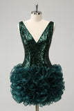 Glitter Dark Green V Neck Sequins Prom Dress with Detachable Ruffles